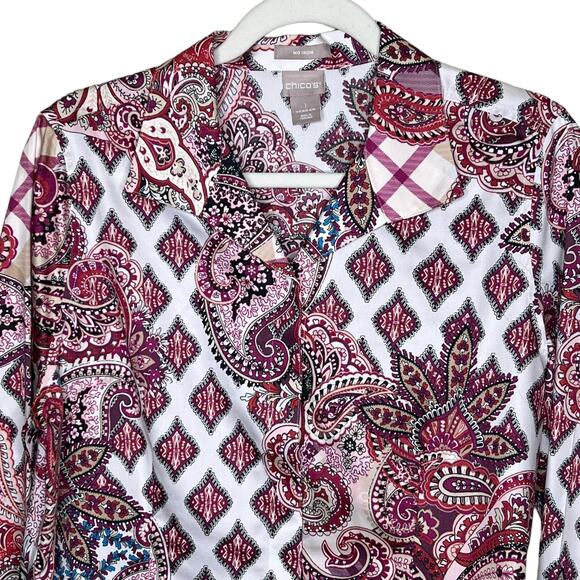 Chico's No-Iron Sateen Menswear Mix Print Wing Collar Shirt size 1 8/10 - Picture 2 of 8